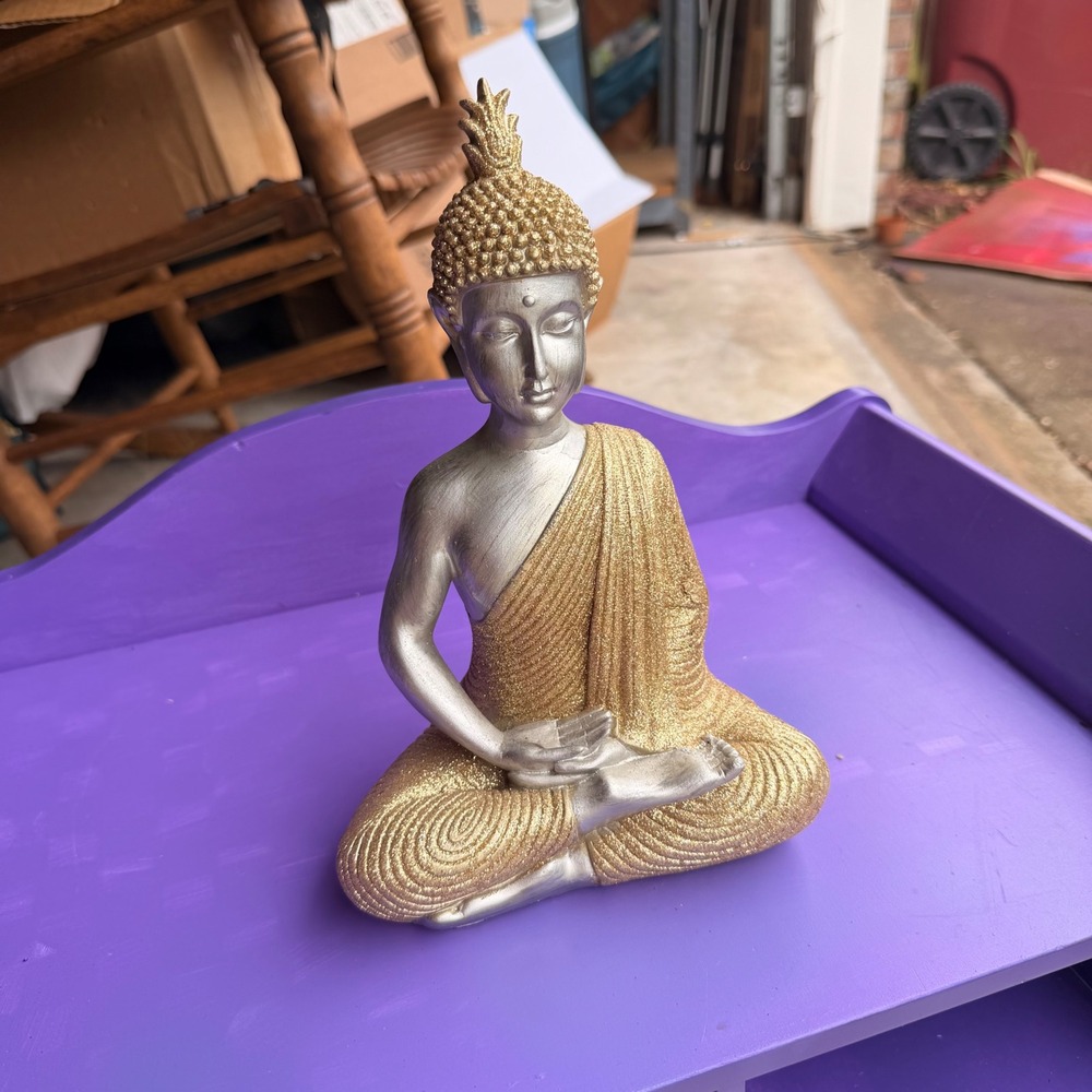 Silver and Gold Glitter Meditating Buddha Statue Seated Lotus Zen Home Decor